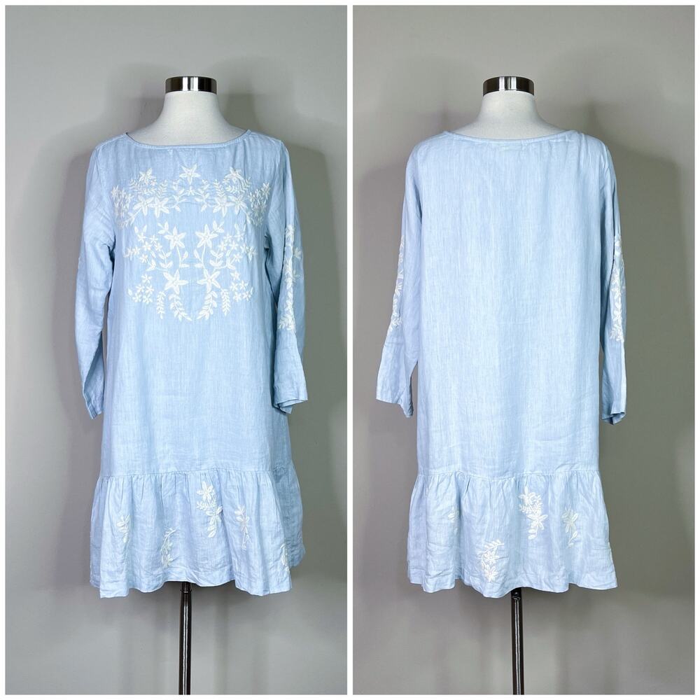 Roller Rabbit | Ebonie Linen Blue White Floral Embroidered Ruffle Hem Dress S